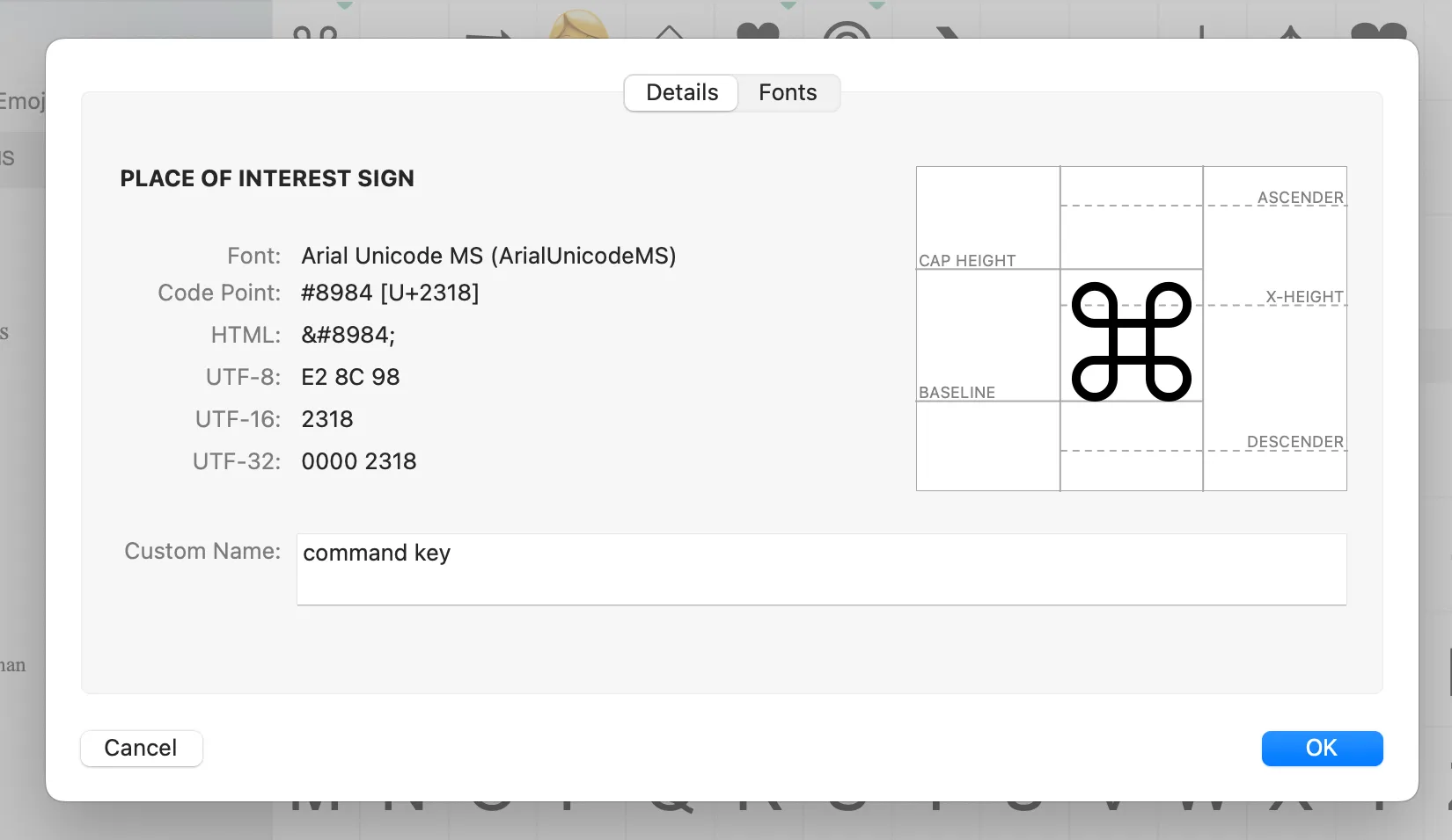Screenshot of PopChar on macOS showing the character details window for the Command key symbol (⌘), including Unicode code point U+2318 and HTML/UTF encoding values, helping users identify and insert special symbols correctly.