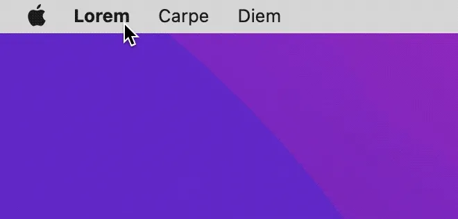 Animated GIF showing KeyCue's menu bar on macOS with a custom application menu (‘Lorem’, ‘Carpe’, ‘Diem’) being selected, demonstrating how users can access keyboard shortcuts directly from the menu bar.