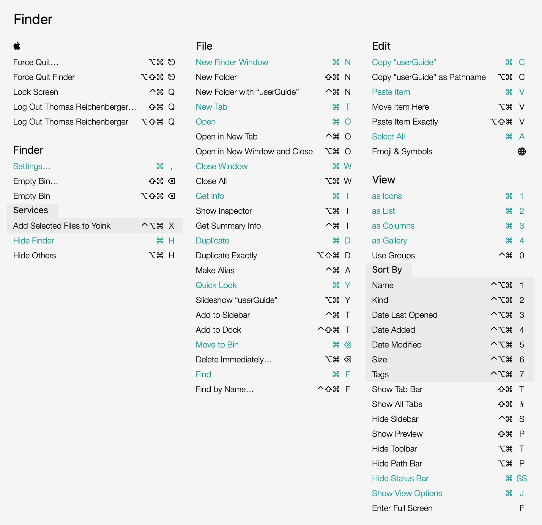 Screenshot of KeyCue on macOS displaying an expanded Finder keyboard shortcuts overlay, including menu sections like File, Edit, View, Go, and Window with key combinations, helping users quickly learn and use Mac shortcuts.