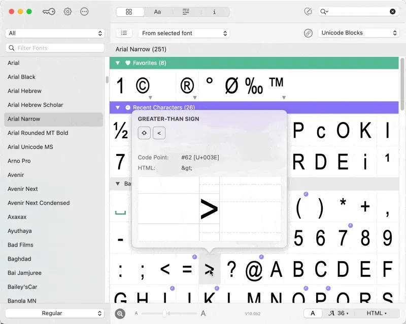 PopChar for macOS showing the Character Info popover for the “greater-than” symbol (>) with Unicode code point U+003E and HTML entity >, helping users quickly find and insert special characters.