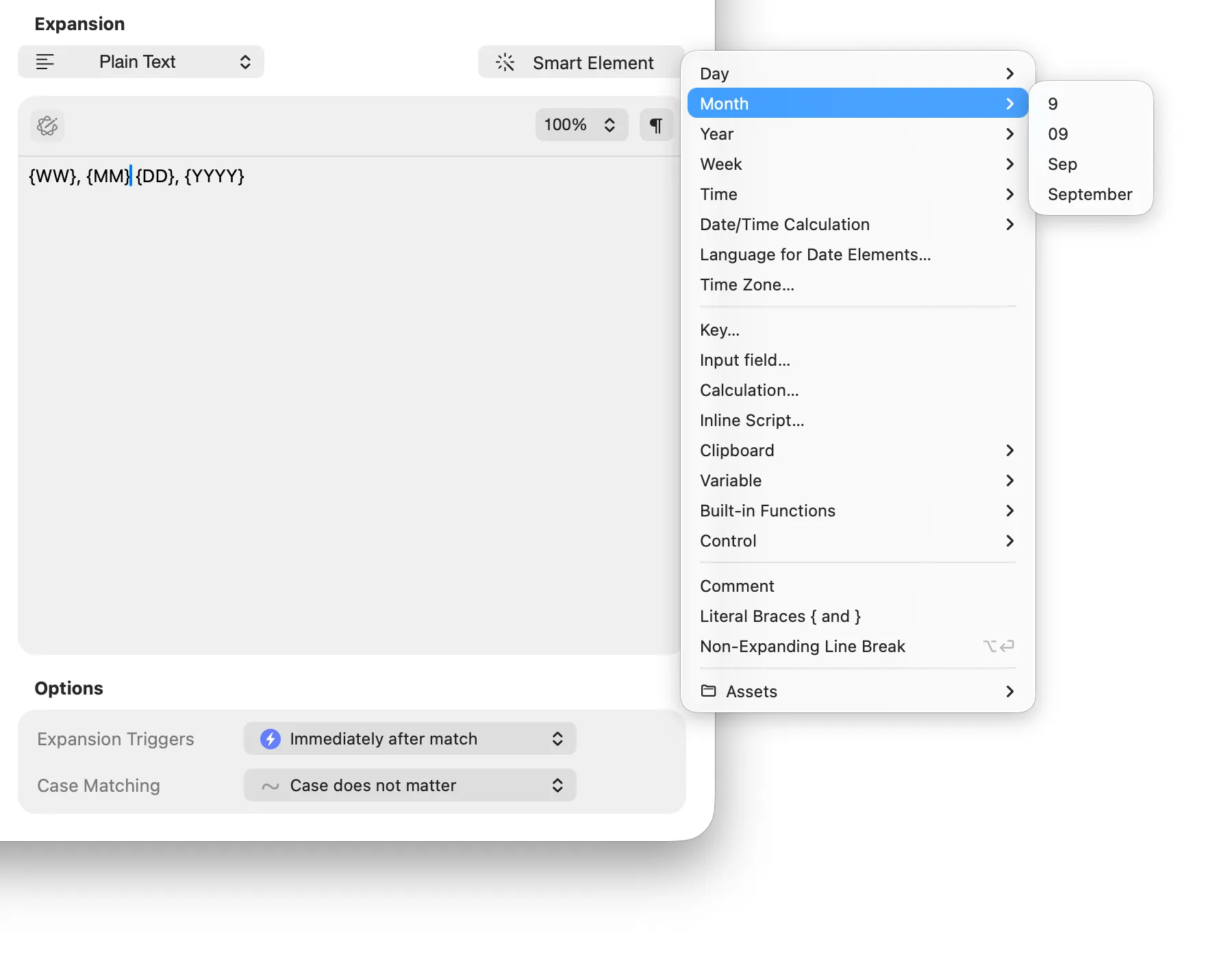 Typinator showing the menu {…} date/time elements menu with the Time submenu open and Minute selected, illustrating how to insert dynamic time values into text expansions.