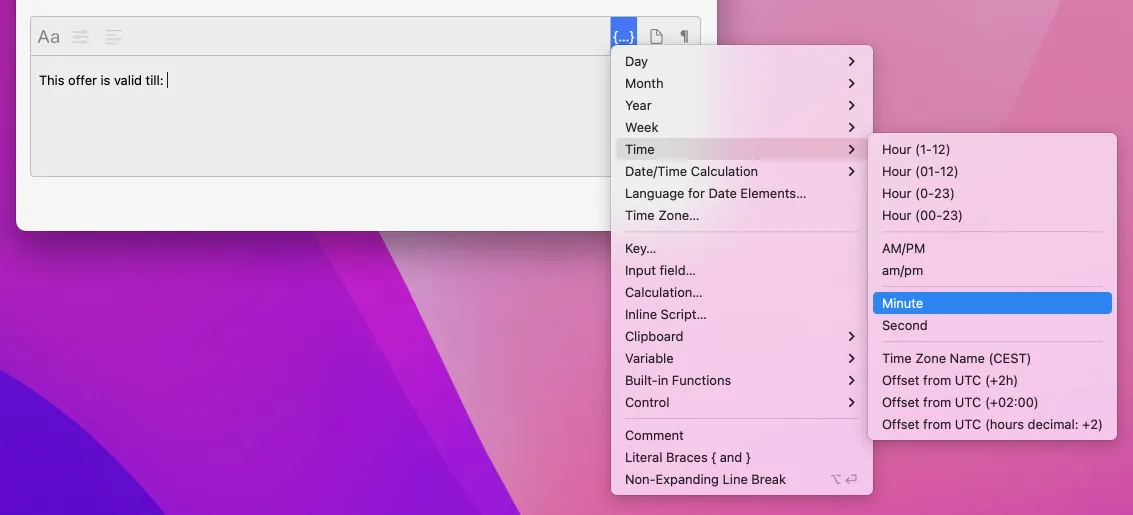Typinator showing the menu {…} date/time elements menu with the Time submenu open and Minute selected, illustrating how to insert dynamic time values into text expansions.
