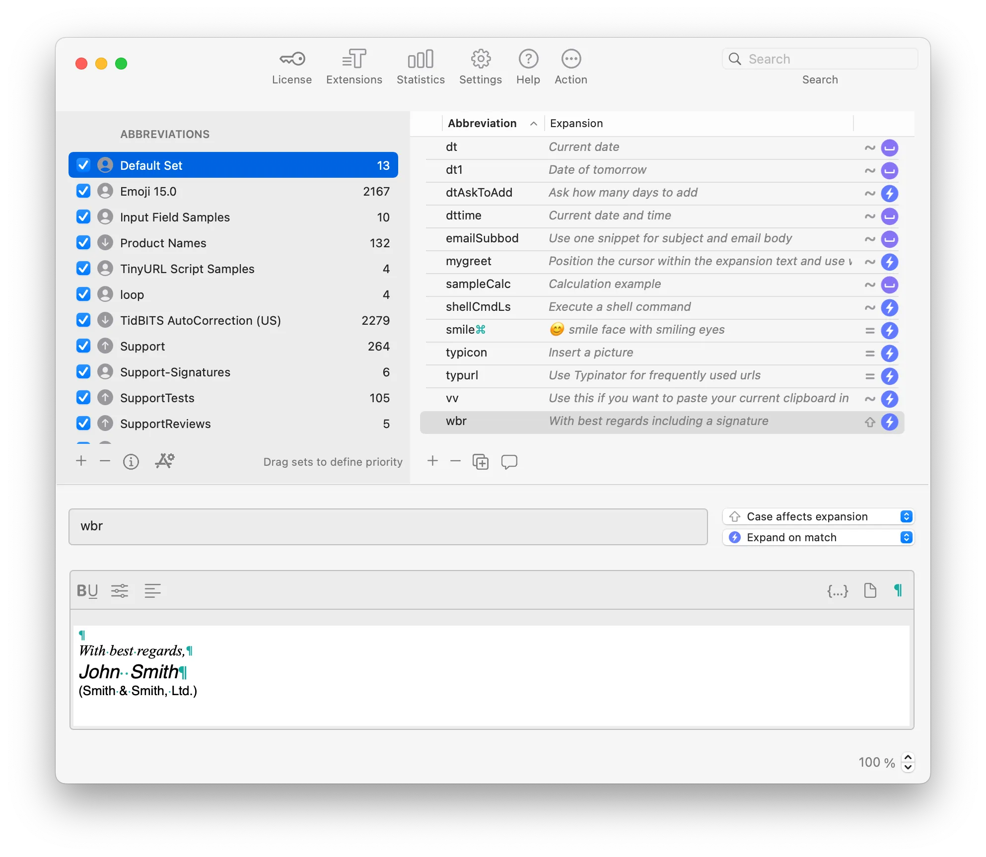 Typinator for macOS main window showing abbreviation sets and expansions list, with a signature expansion preview and settings like ‘Case affects expansion’ and ‘Expand on match’ for fast text replacement and productivity.