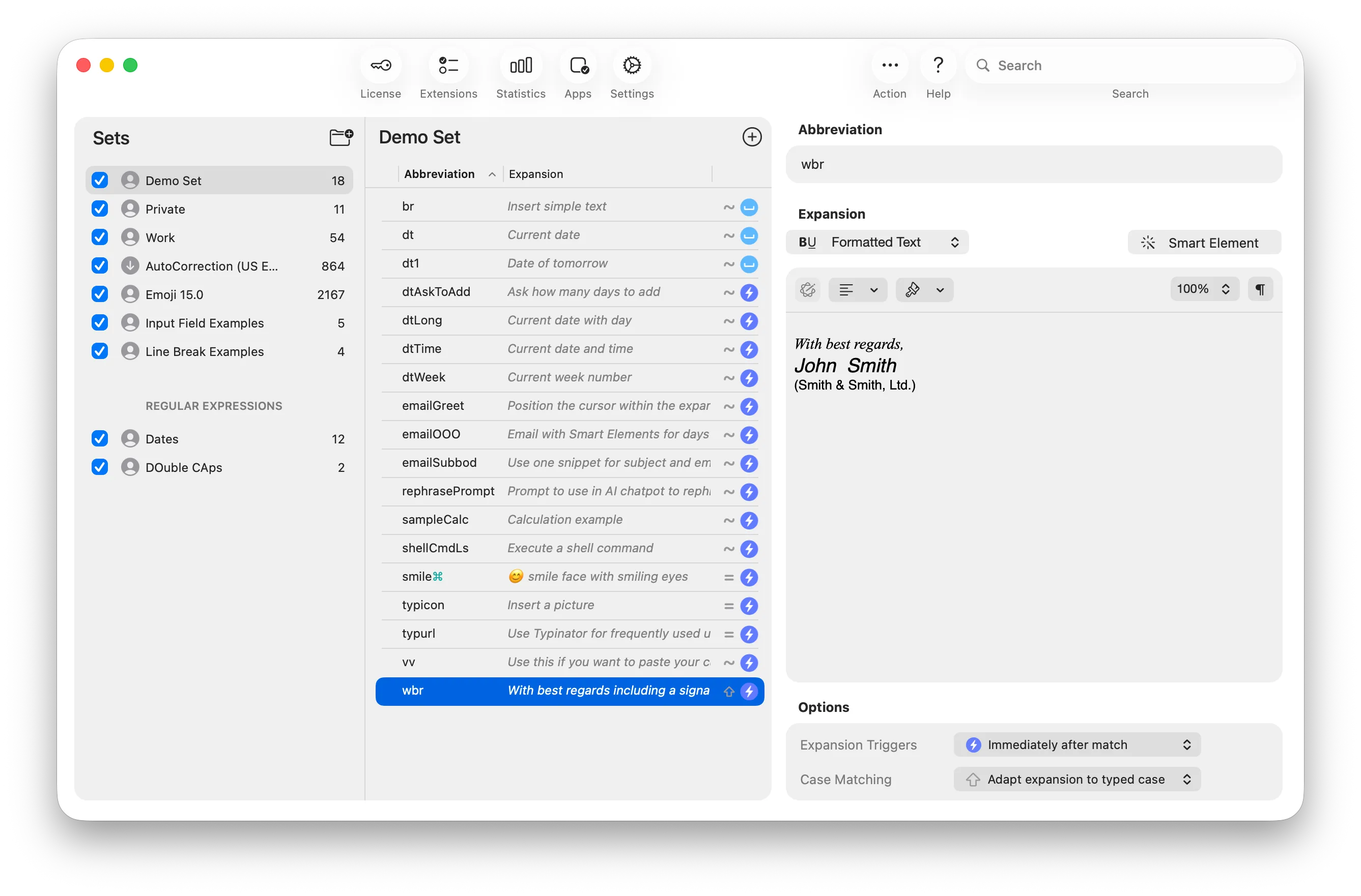Typinator for macOS main window showing abbreviation sets and expansions list, with a signature expansion preview and settings like ‘Case affects expansion’ and ‘Expand on match’ for fast text replacement and productivity.
