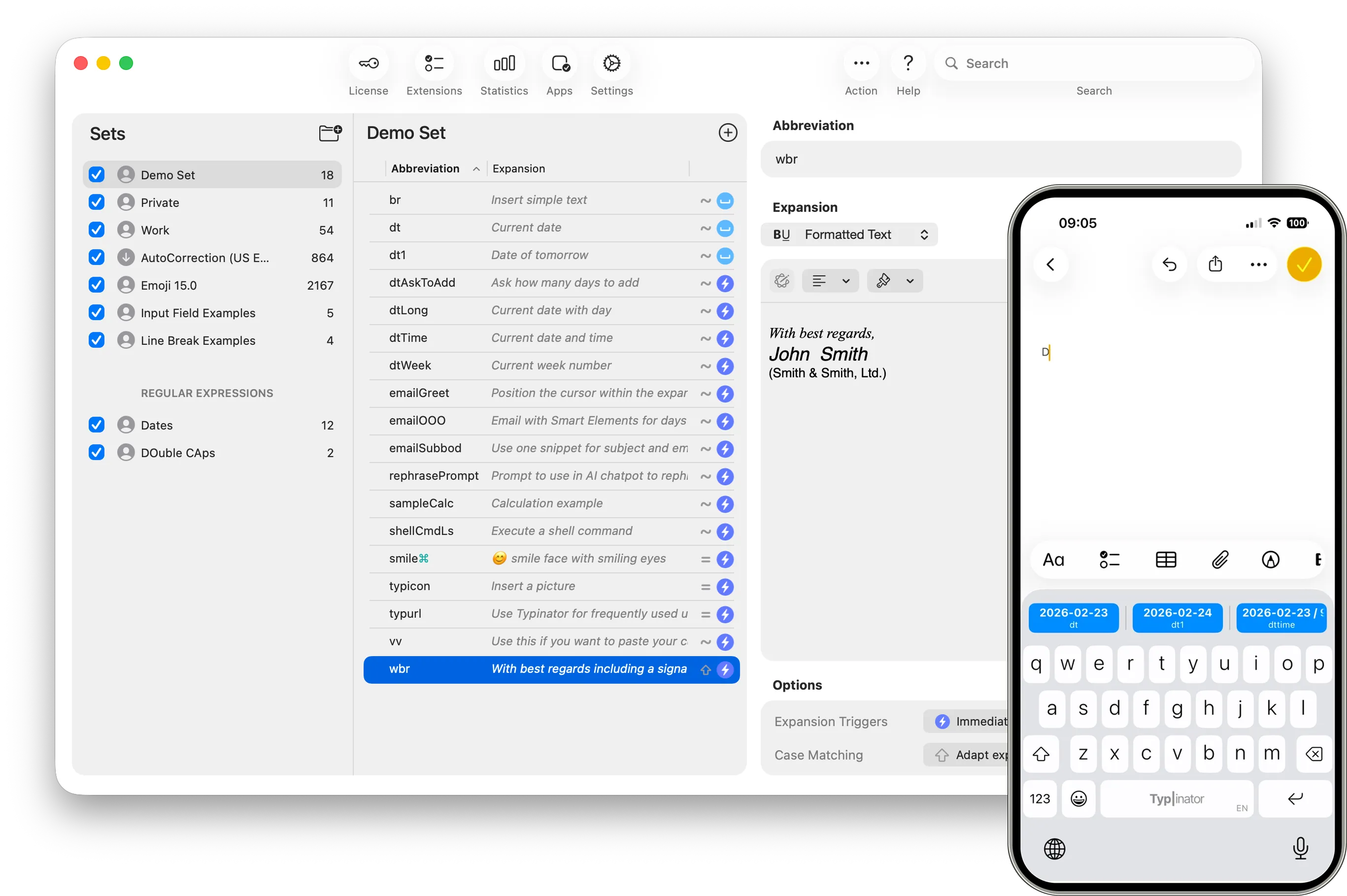 Typinator for macOS main window showing abbreviation sets and expansions list, with a signature expansion preview and settings like ‘Case affects expansion’ and ‘Expand on match’ for fast text replacement and productivity.